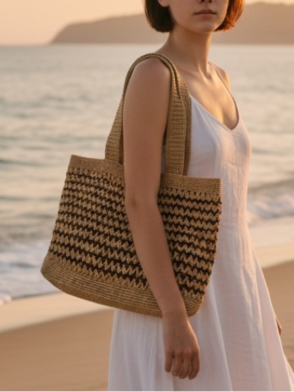 Woven Straw Chevron Tote Bag in Natural/Brown